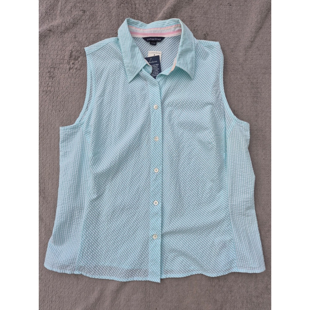 Lands End Womens 14P Blue White Seersucker Sleeveless Button Down nautical NWT